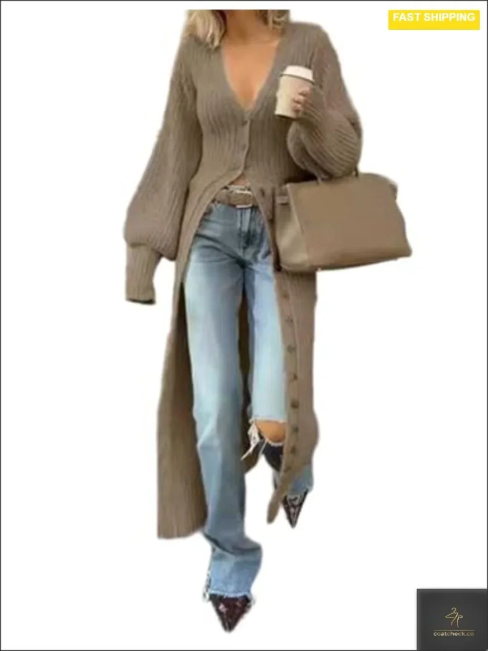 V-Neck Button Down Long Cardigan Chunky Knit Maxi Coat Sweater Dress